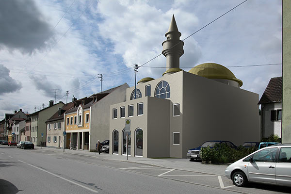 Eine konrovers diskutierte Moschee im Wohngebiet (Baumassenstudie)